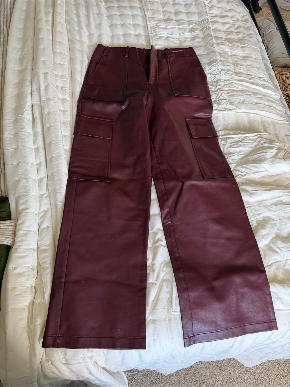 Wayf Wide-Leg Faux Leather Cargo Pants in Burgundy